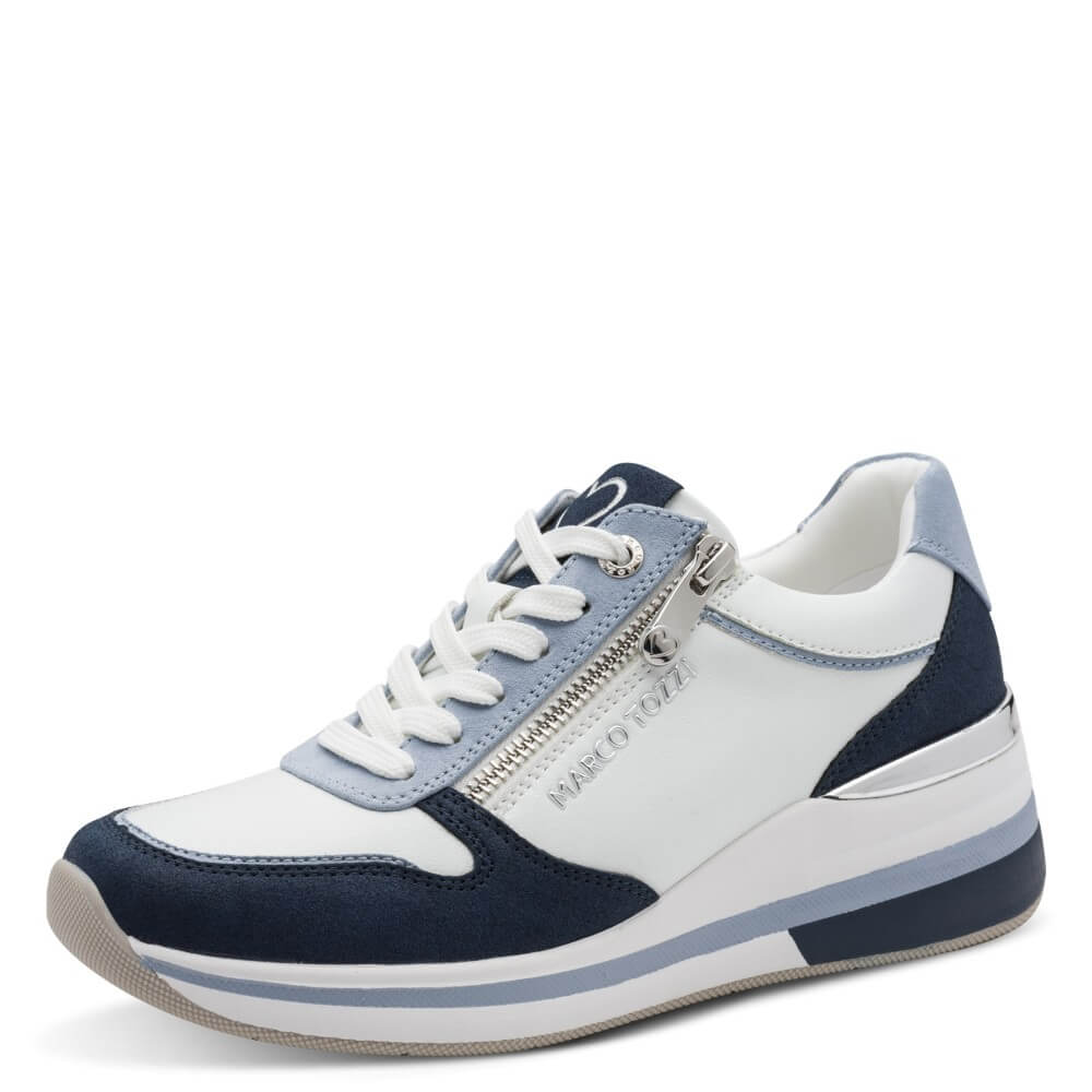 Marco Tozzi Navy and white sneaker with a zipper on a white background