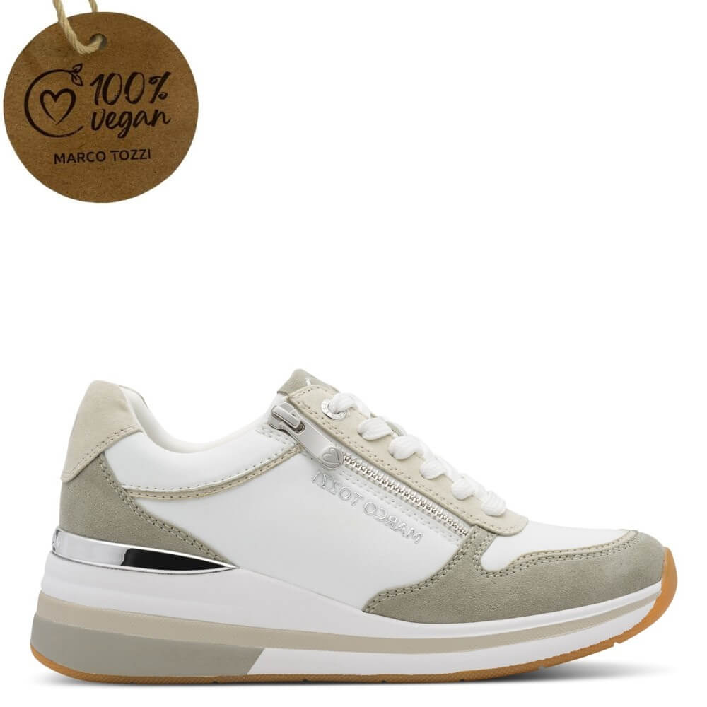 Marco Tozzi White, green and beige sneaker with a '100% vegan' tag on a white background