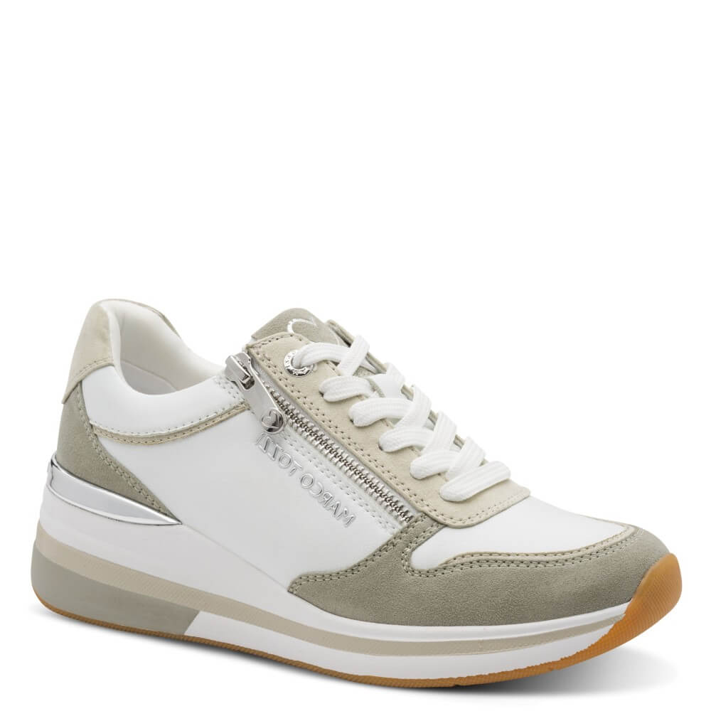 Marco Tozzi White and beige sneaker with a visible brand logo on a white background