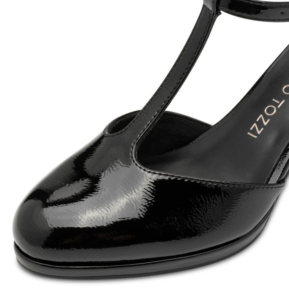 Marco Tozzi Black patent vegan shoe with a T-strap on a white background