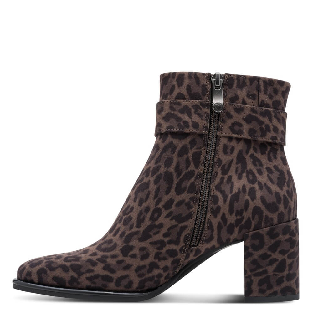 A Marco Tozzi brown and black leopard print ankle boot with a chunky block Heel. An inside Zip