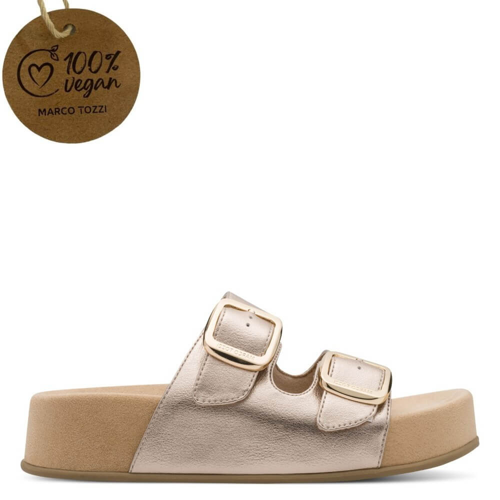Marco Tozzi old sandal with beige sole on a white background, featuring a '100% vegan' tag.