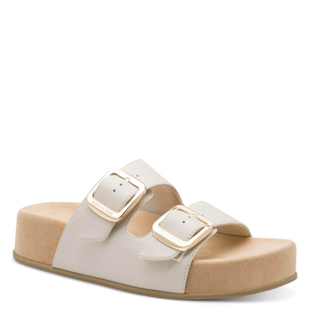 Marco Tozzi cream White sandal with gold buckles on a white background