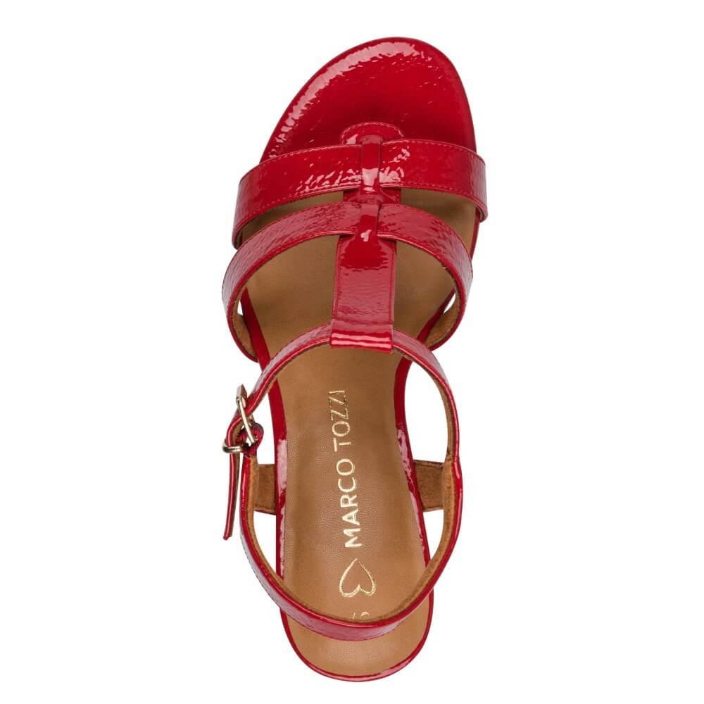 Marco Tozzi Red patent sandal with a gold buckle on a white background