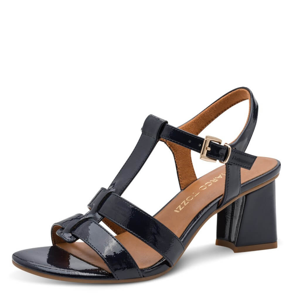 Marco Tozzi Navy patent leather sandal with a block heel and gold buckle