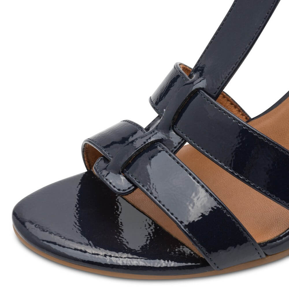 Marco Tozzi Navy patent leather sandal with a block heel and gold buckle