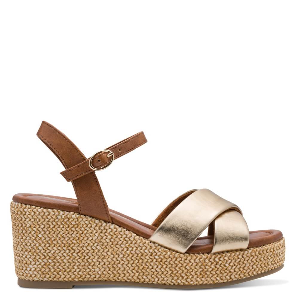 Marco Tozzi Gold wedge sandal with brown straps on a white background