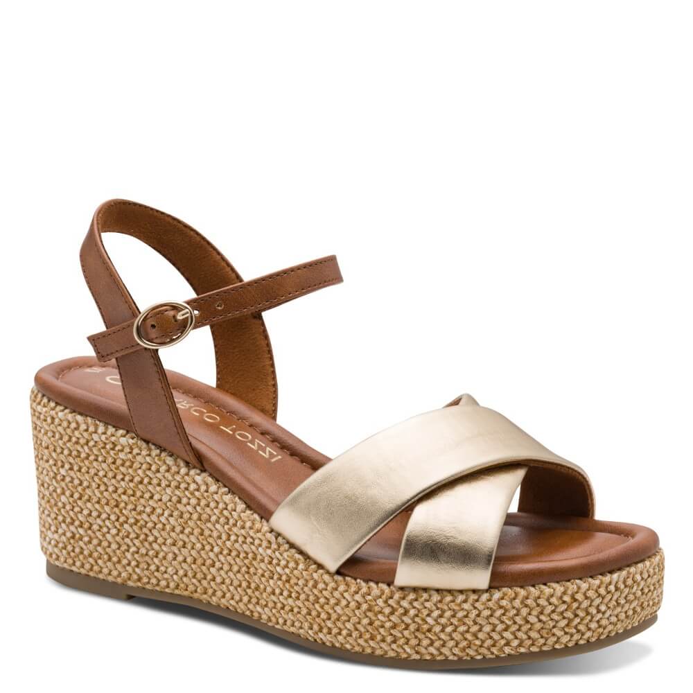 Marco Tozzi Gold wedge sandal with brown straps on a white background