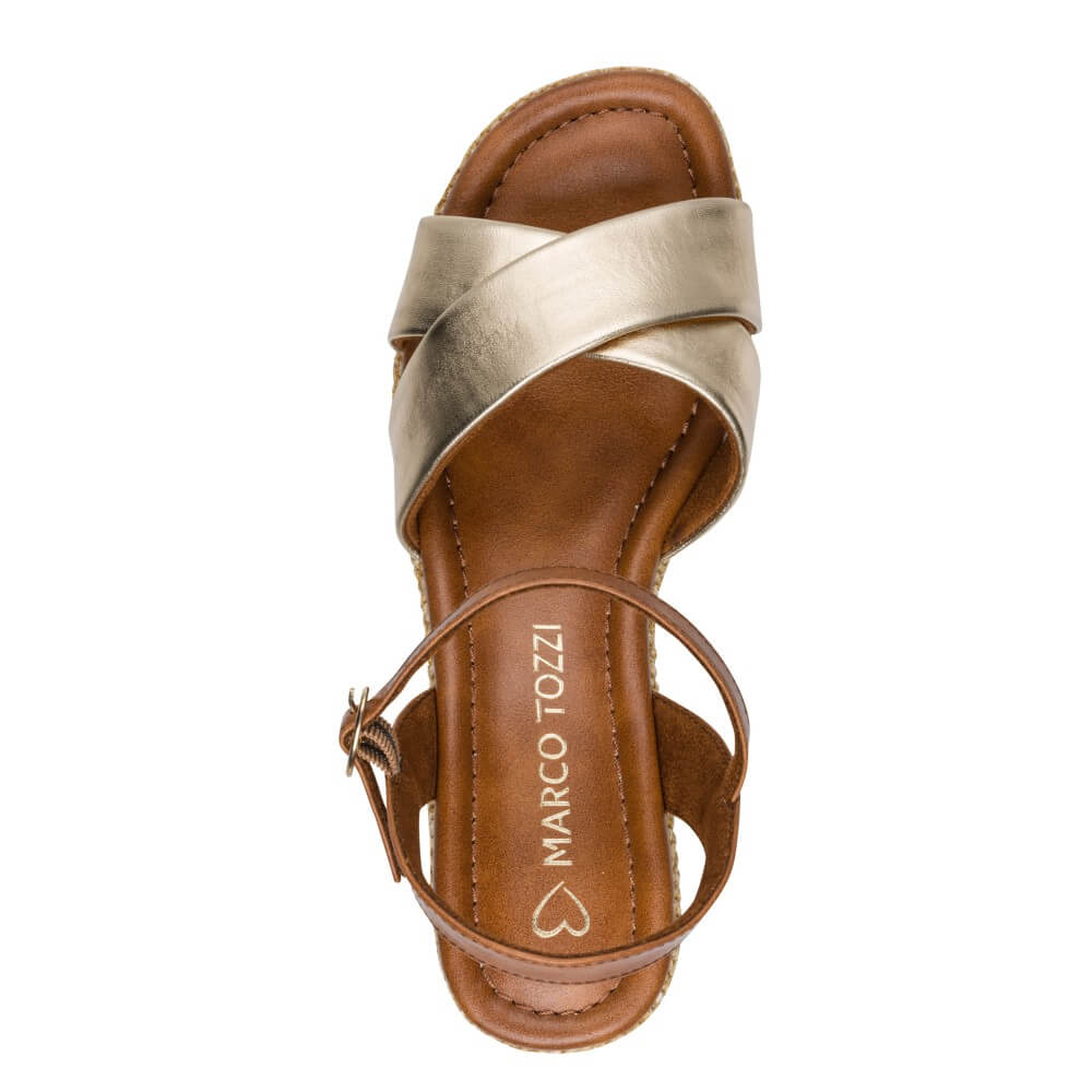 Gold and brown sandal with 'Marco Tozzi' branding on a white background