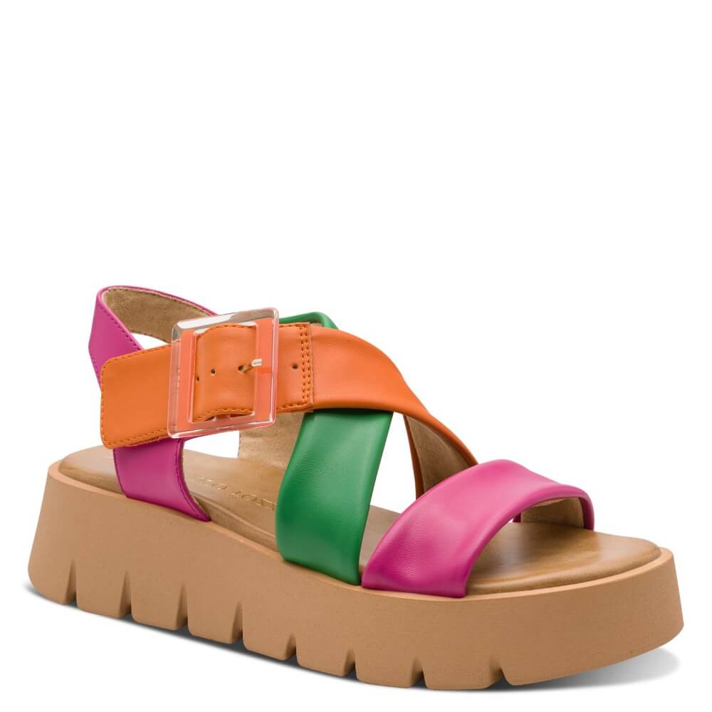 Marco Tozzi Colourful sandal with pink, orange, green, and brown straps on a white background