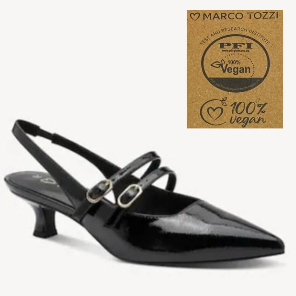 A black patent slingback kitten heel shoe with double buckle straps, shown next to a brown cardboard badge that reads 'Marco Tozzi' and 'PFI 100% Vegan'.