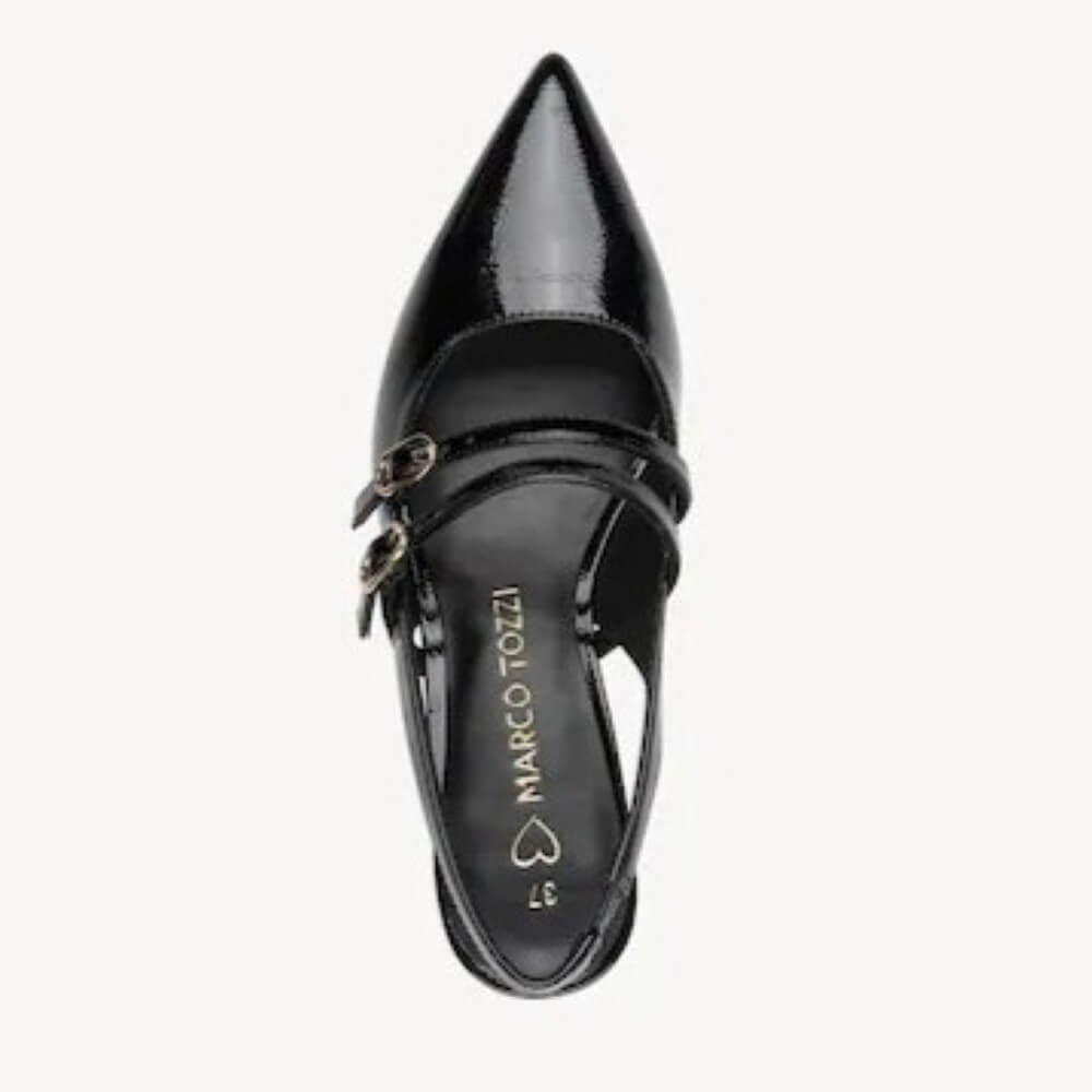 A black patent slingback kitten heel shoe with double straps and gold-tone buckles, shown top down against a light grey background.