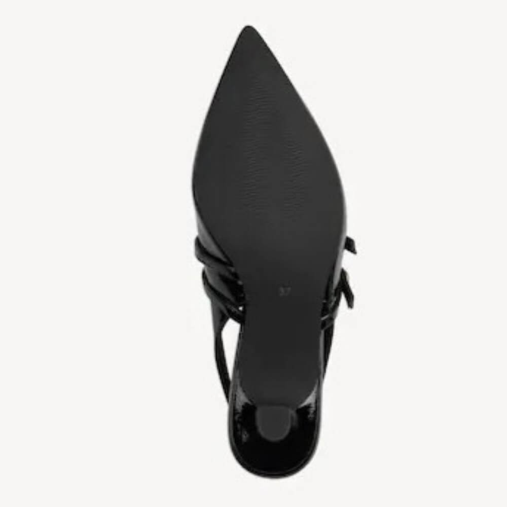 Black pointed-toe slingback sandal shown from a top-down view, featuring a textured leather upper and a glossy patent leather sole, set against a plain off-white background.