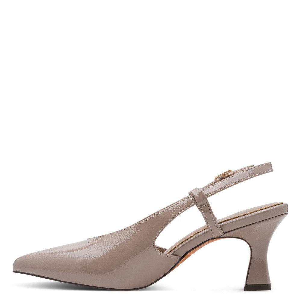 A Marco Tozzi taupe faux-leather slingback kitten heel shoe by Marco Tozzi, shown in profile against a white background,
