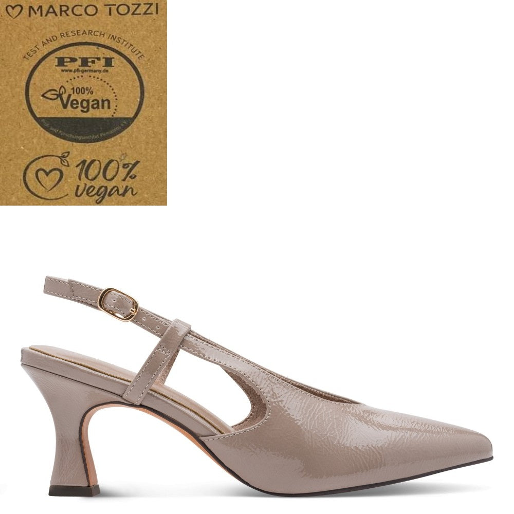 A Marco Tozzi taupe faux-leather slingback kitten heel shoe by Marco Tozzi, shown in profile against a white background, with a brown cardboard '100% Vegan' certification badge in the top-left corner.