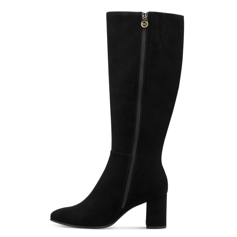 Marco Tozzi Black knee-high boot with a gold tab on a zip on a light grey background