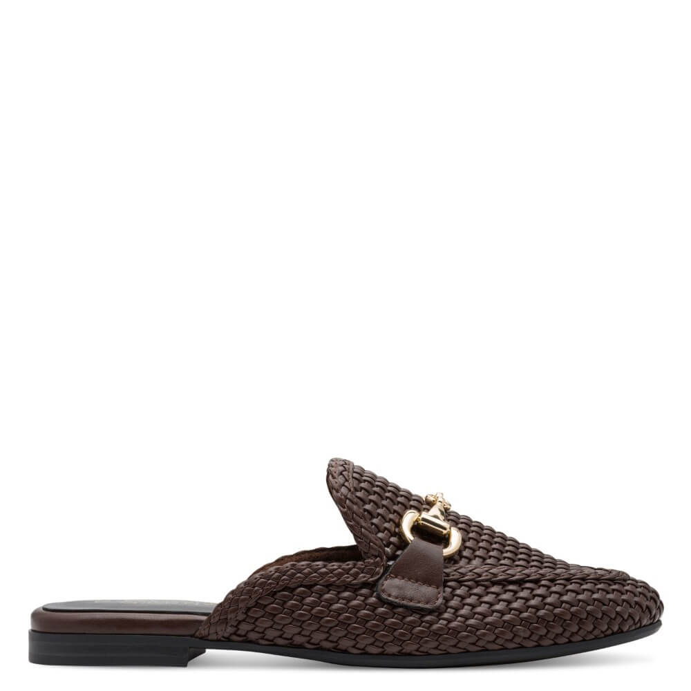 marco Tozzi 2-87300 Brown woven slipper with gold buckle and '100% Vegan' label on a white background