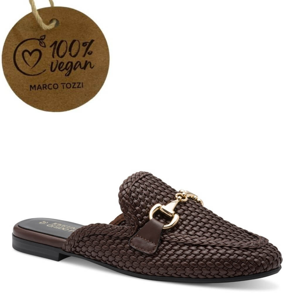 marco Tozzi 2-87300 Brown woven slipper with gold buckle and '100% Vegan' label on a white background