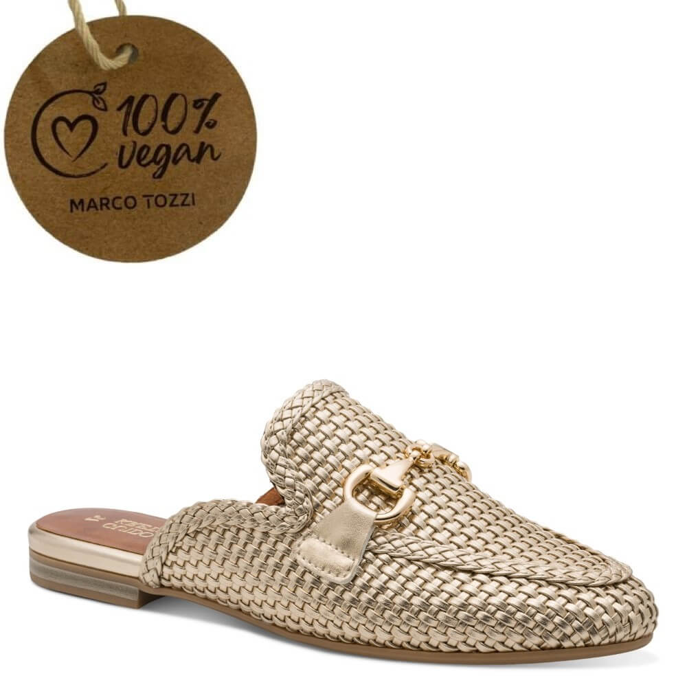 marco tozzi gold Beige woven slipper with gold buckle and '100% Vegan' label on a white background 2-87300