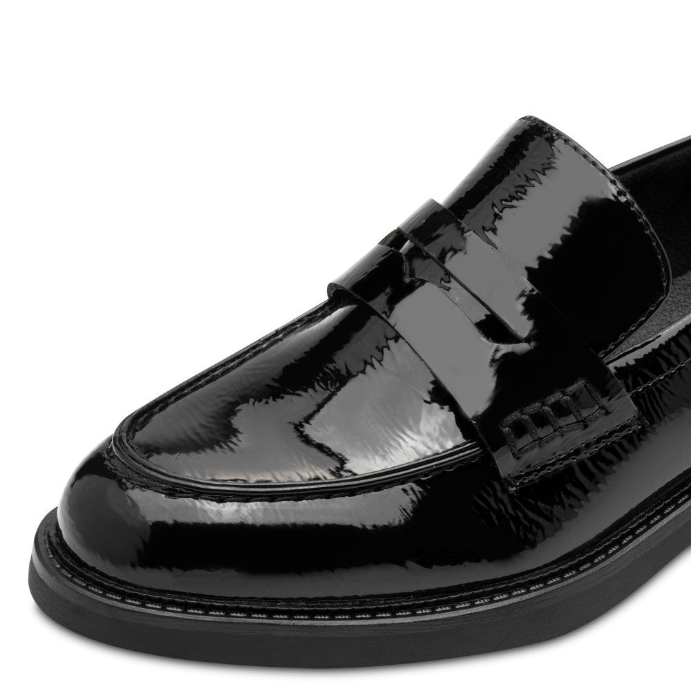 Black patent leather loafer with a '100% Vegan' label by Marco Tozzi on a white background Marco Tozzi Patent Vegan Loafer 2-24308