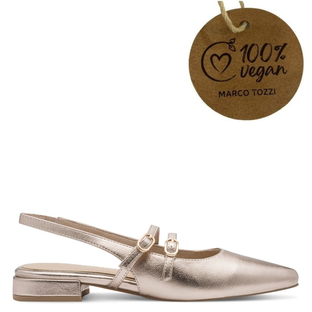 Marco Tozzi Gold shoe with a '100% Vegan' tag by Marco Tozzi on a white background
