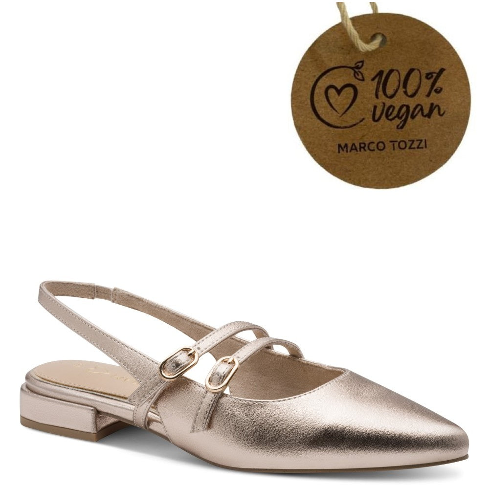 Marco Tozzi Gold shoe with a '100% Vegan' tag by Marco Tozzi on a white background