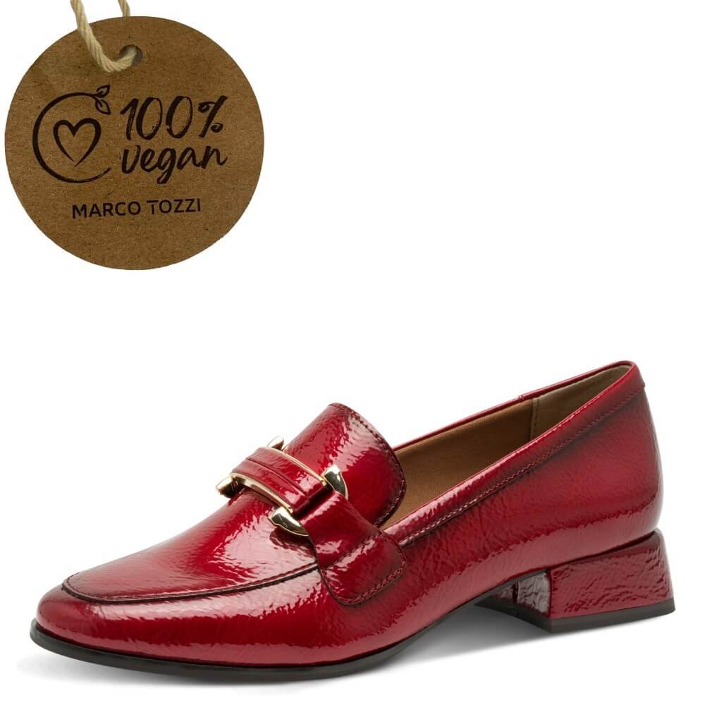 Red loafer shoe with a '100% Vegan' label by Marco Tozzi Marco Tozzi Vegan Loafer 2-24250-RED