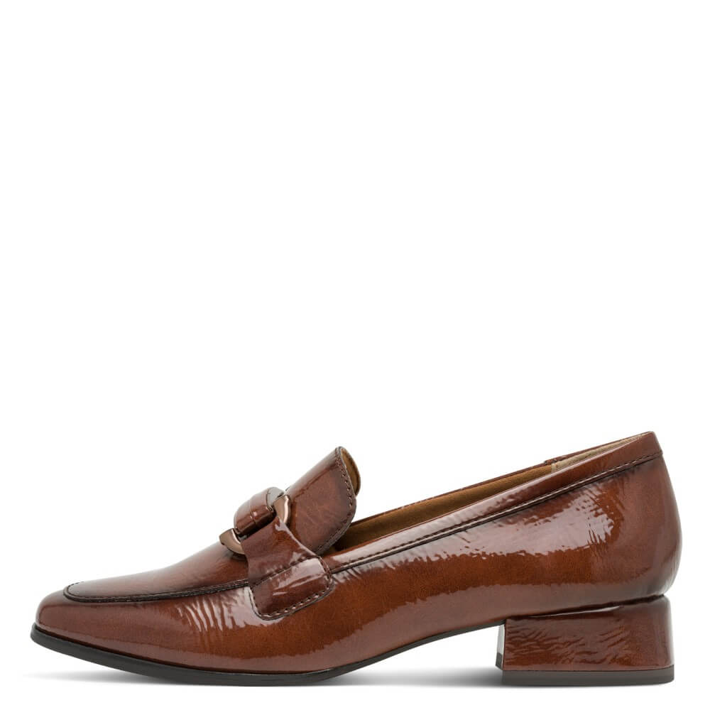 Brown patent loafer shoe with a '100% Vegan' label on a white background Marco Tozzi 24250 Vegan Loafer