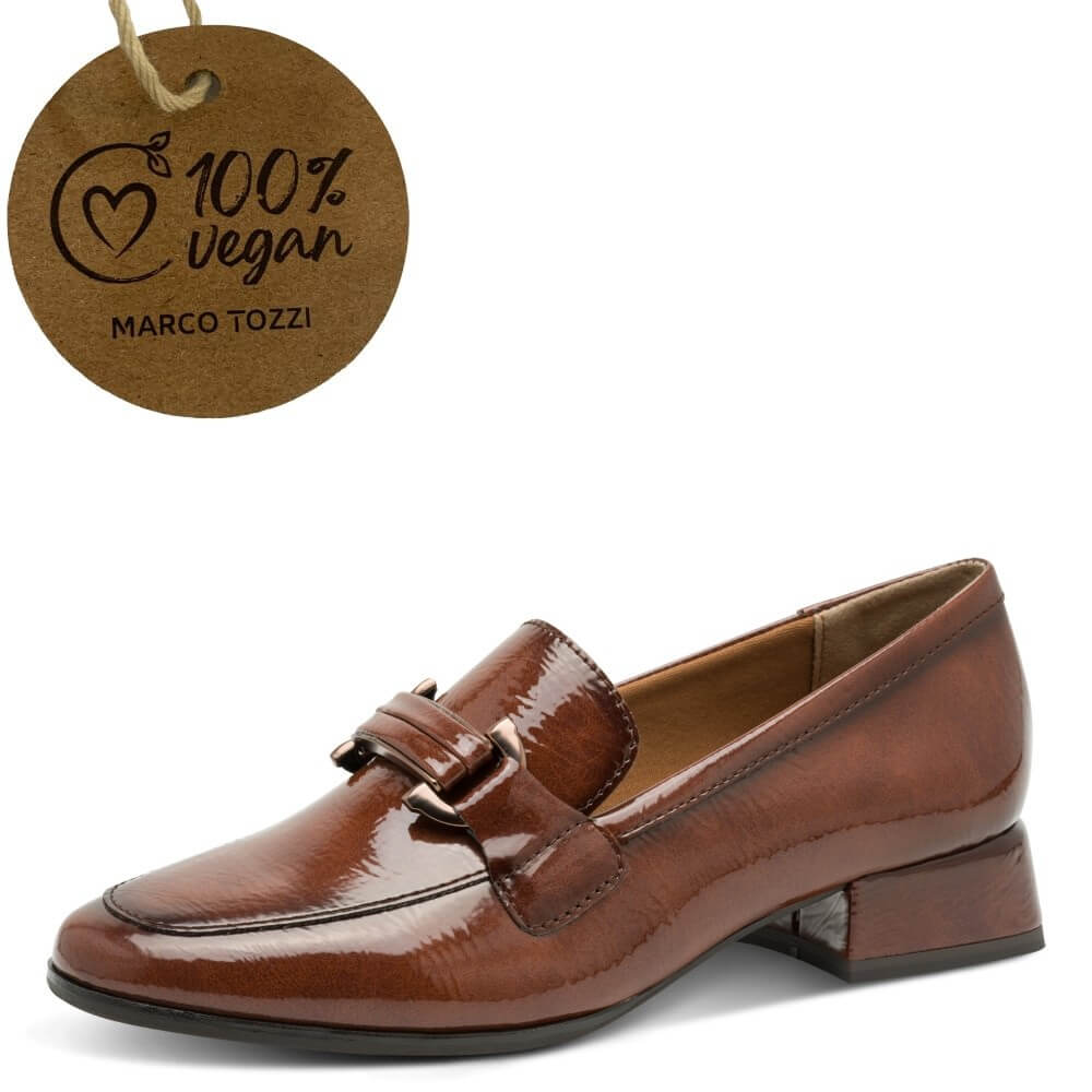 Brown loafer shoe with a '100% Vegan' label on a white background Marco Tozzi 24250 Vegan Loafer