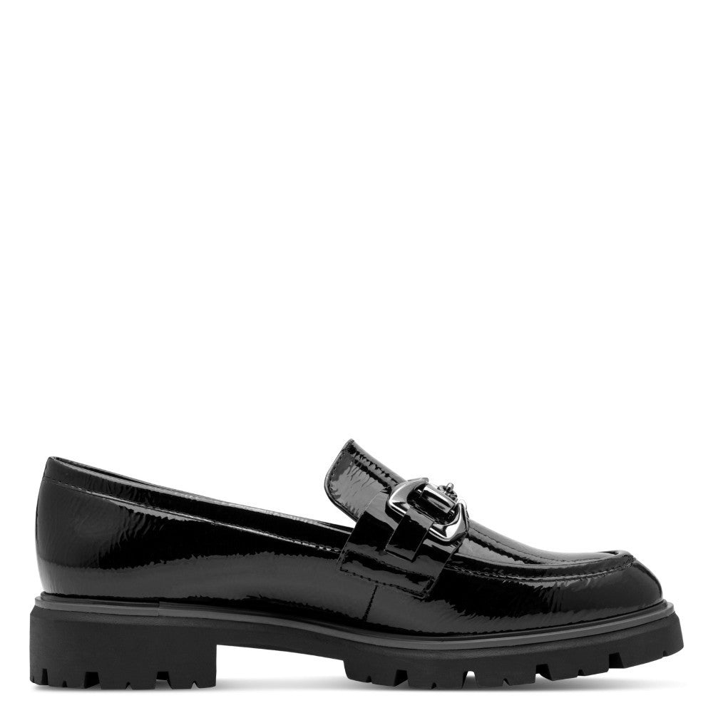 Black patent Vegan loafer with a '100% Vegan' label by Marco Tozzi on a white background Marco Tozzi Vegan Loafer 2-24700