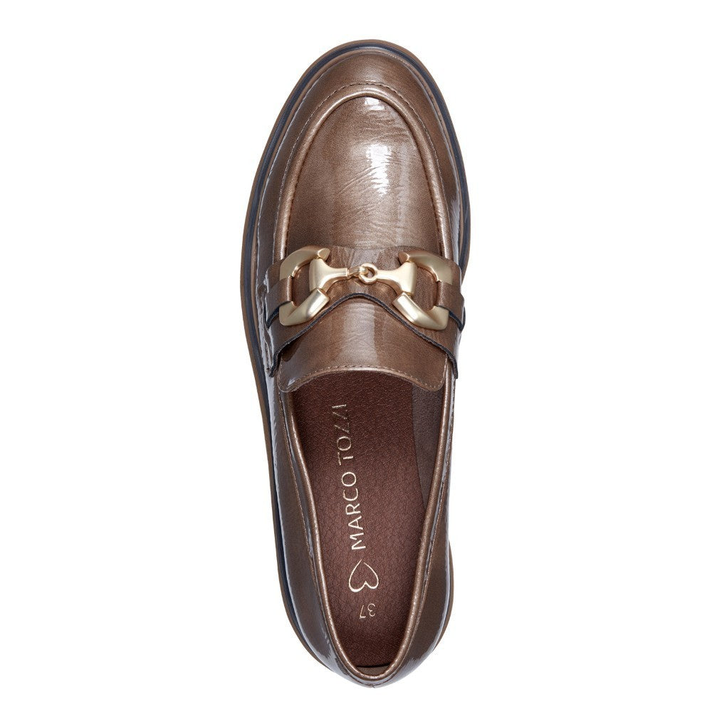 Brown loafer shoe with gold buckle and '100% Vegan' label on a white background Marco Tozzi Vegan Patent Loafer 2-24700 Taupe