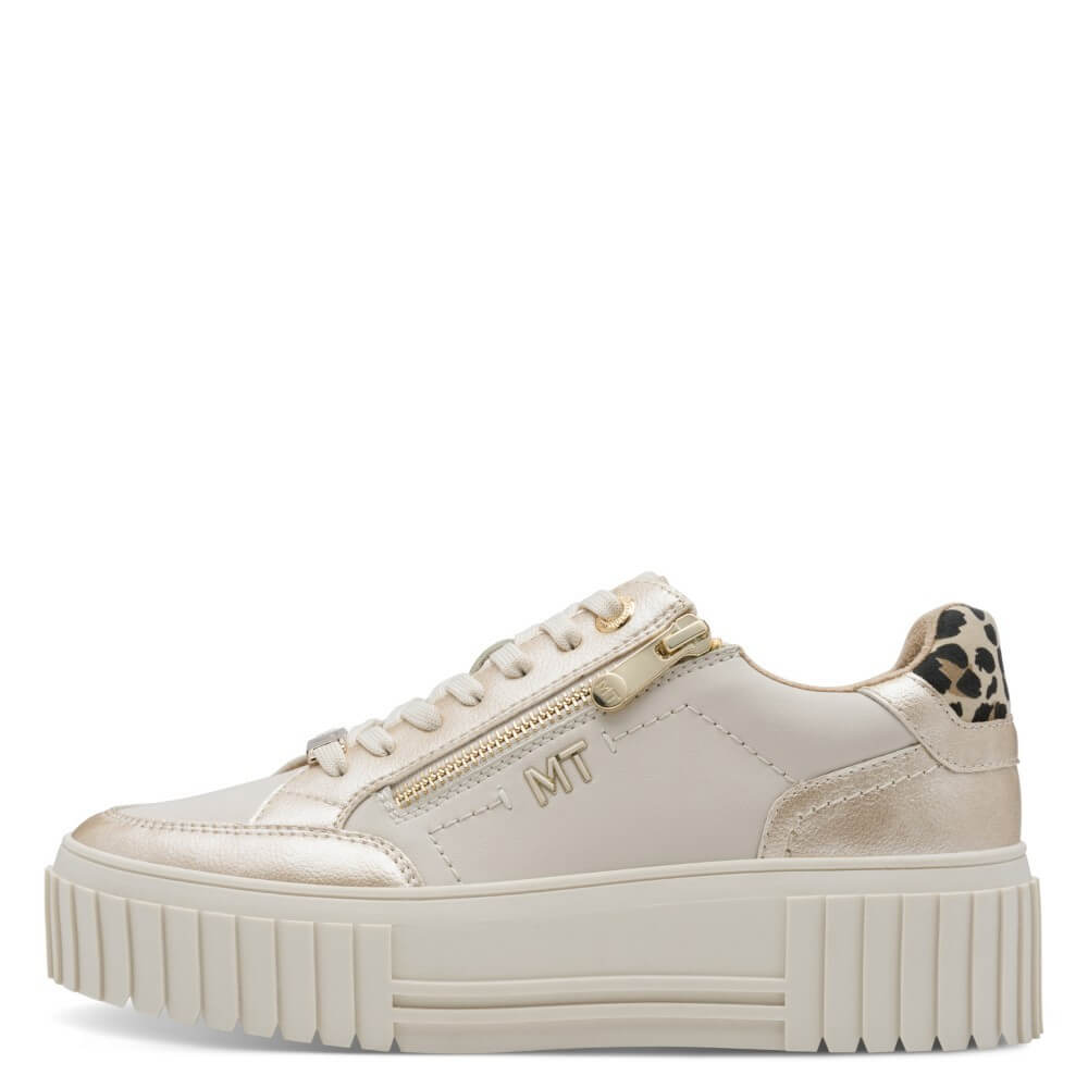 Beige sneaker with gold zipper and '100% Vegan' label on a white background Marco Tozzi Vegan Platform Sneaker 2-23760-CREAM