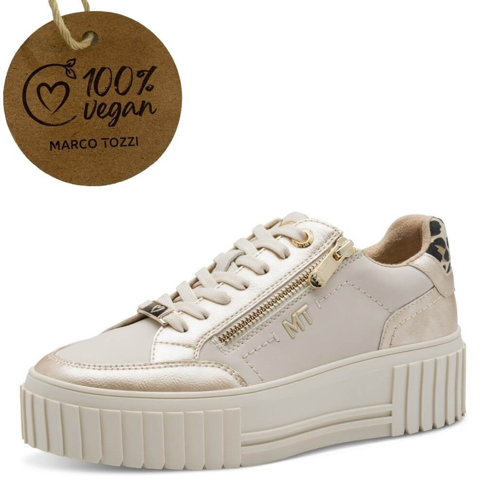 Beige sneaker with gold zipper and '100% Vegan' label on a white background Marco Tozzi Vegan Platform Sneaker 2-23760-CREAM