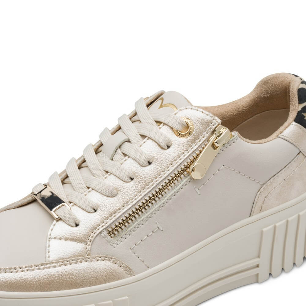 Beige sneaker with gold zipper and '100% Vegan' label on a white background Marco Tozzi Vegan Platform Sneaker 2-23760-CREAM