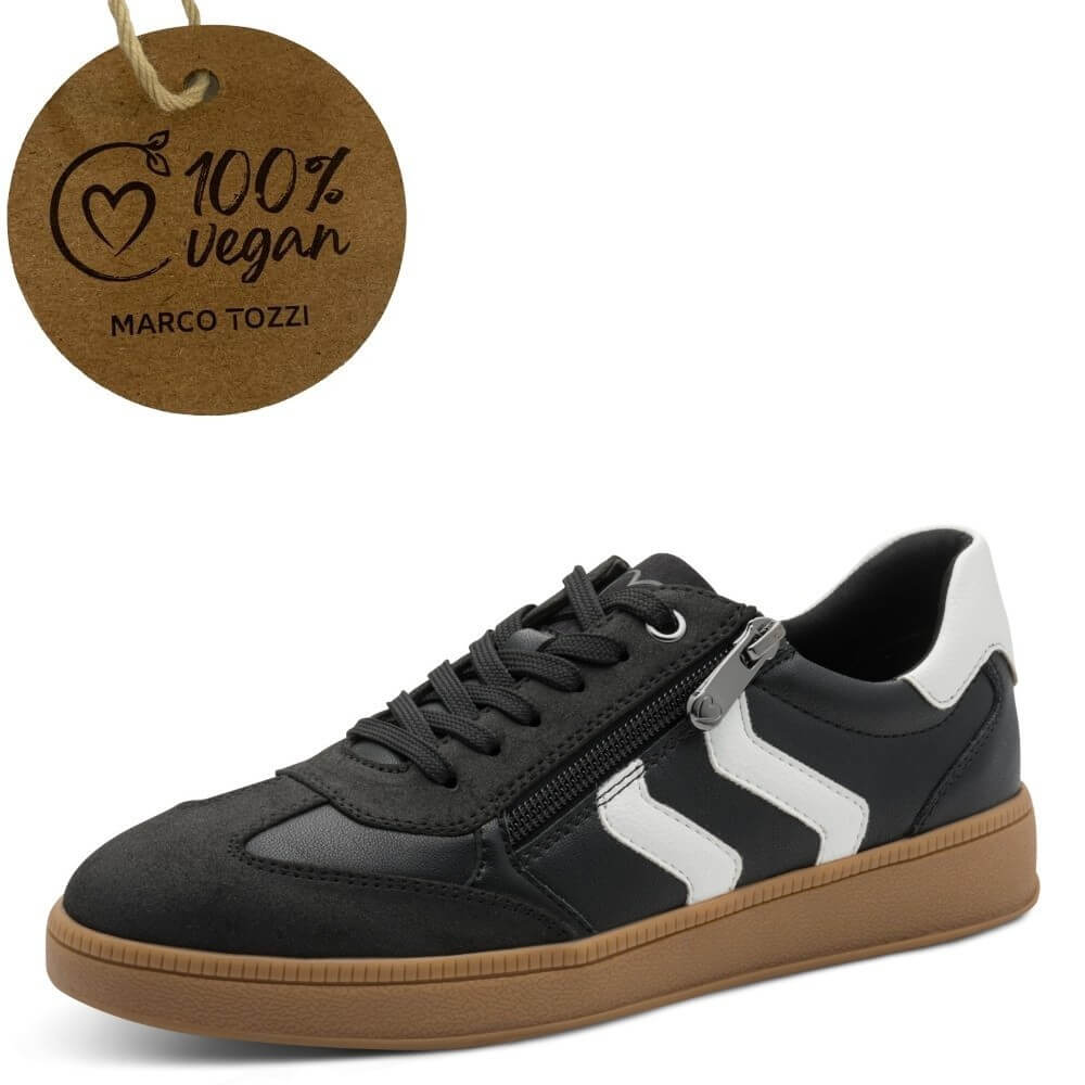 Black and white sneaker with brown sole and '100% Vegan' label on a white background Marco Tozzi Vegan Sneakers 2-23739-BLACK
