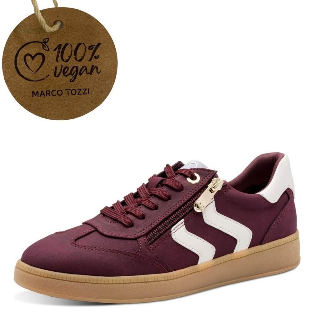 Maroon sneaker with gold zipper and white sole, accompanied by a '100% Vegan' label. Marco Tozzi Vegan Sneakers 2-23739-WINE