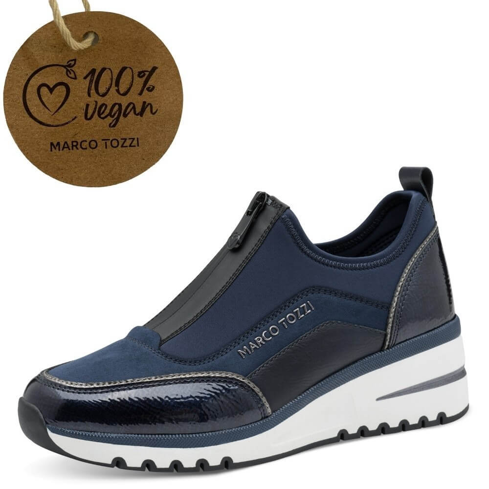 Blue and black sneaker with a '100% Vegan' label Marco Tozzi Vegan Trainer 2-24780-NAVY