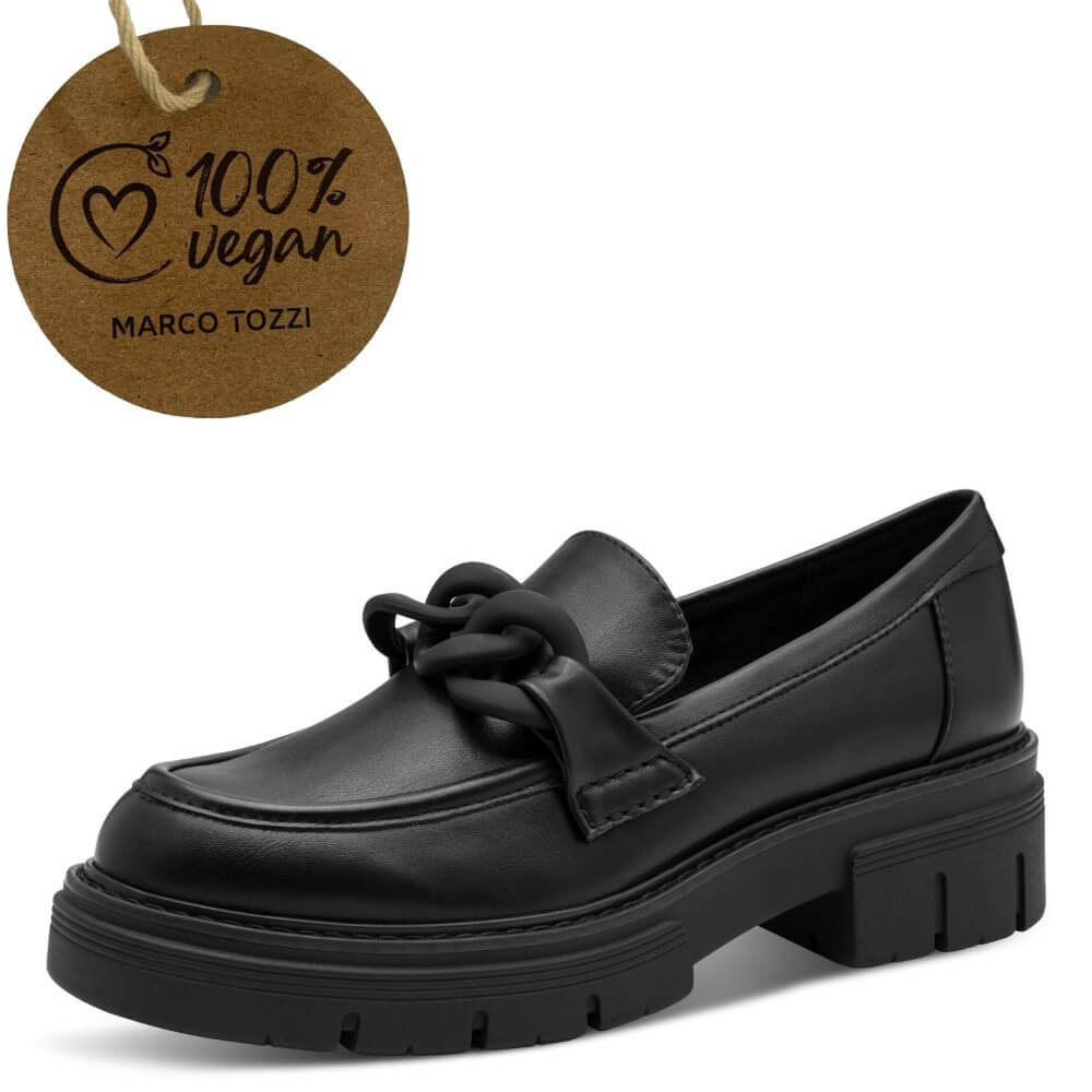Black loafer shoe with a '100% Vegan' label Marco Tozzi Vegan Loafer 2-24705-BLACK