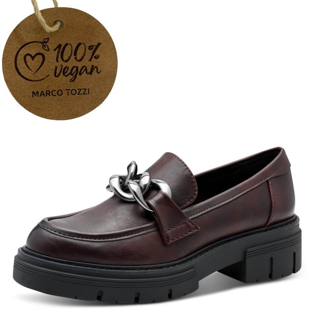 wine loafer shoe with silver chain detail and '100% Vegan' label on a white background Marco Tozzi Vegan Loafer 2-24705-BORDEAUX