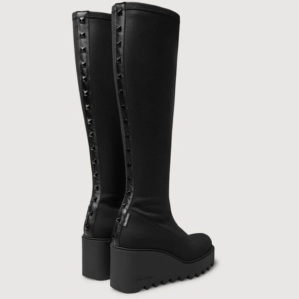 Marco Moreo Liege Petra Black Knee-High Stretch Wedge Boots – Modern Platform Boots with Stud Details