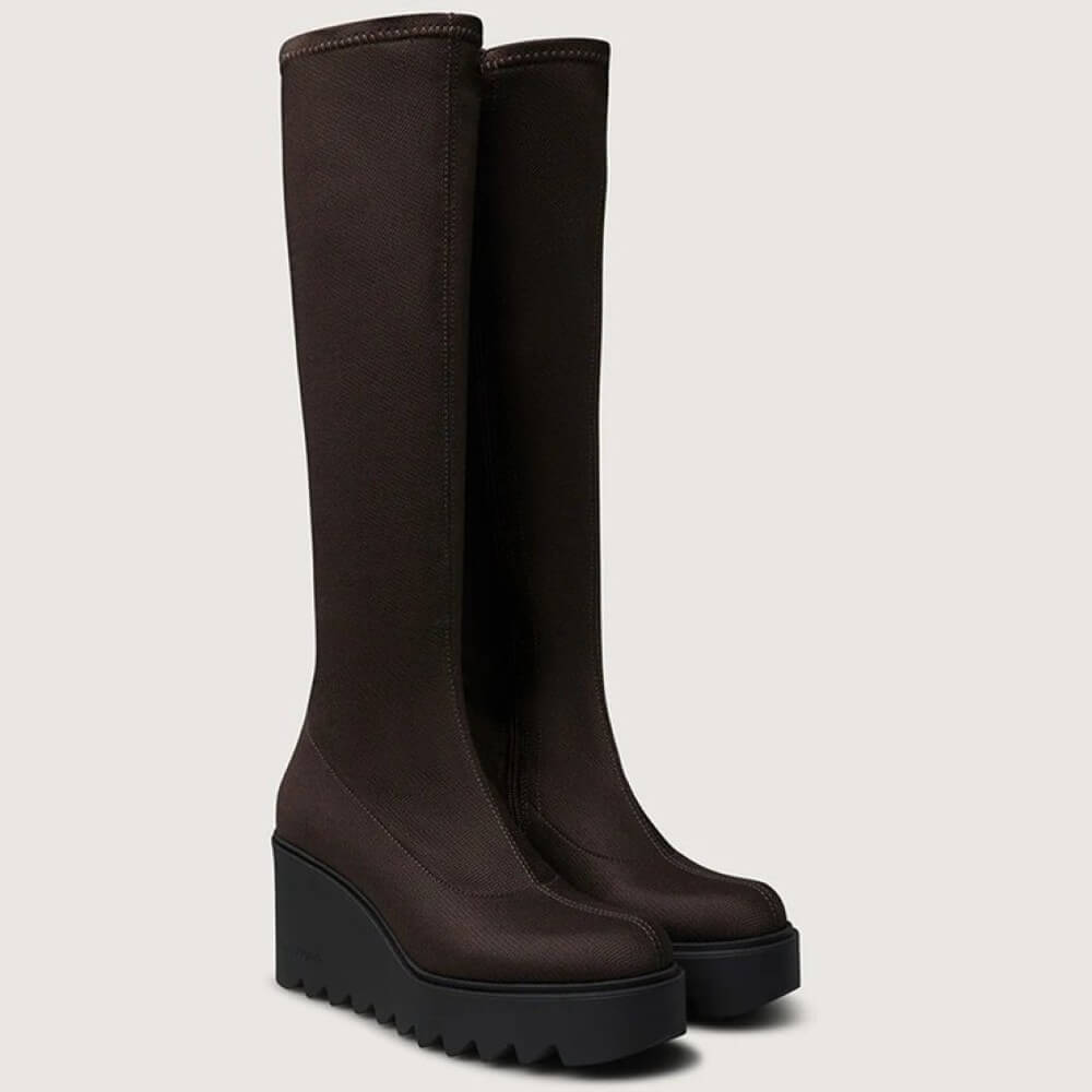Marco Moreo Liege Petra Brown Knee-High Stretch Wedge Boots – Modern Platform Boots with Stud Details