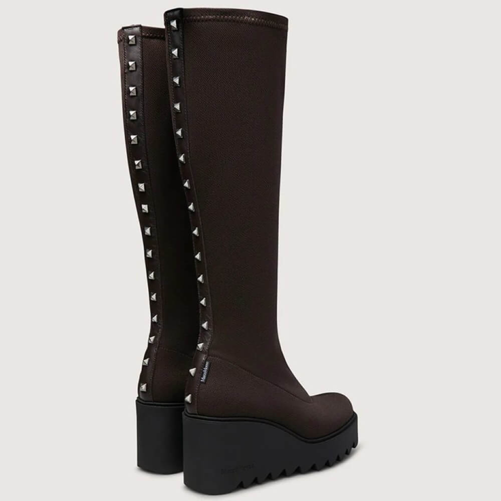 Marco Moreo Liege Petra Brown Knee-High Stretch Wedge Boots – Modern Platform Boots with Stud Details