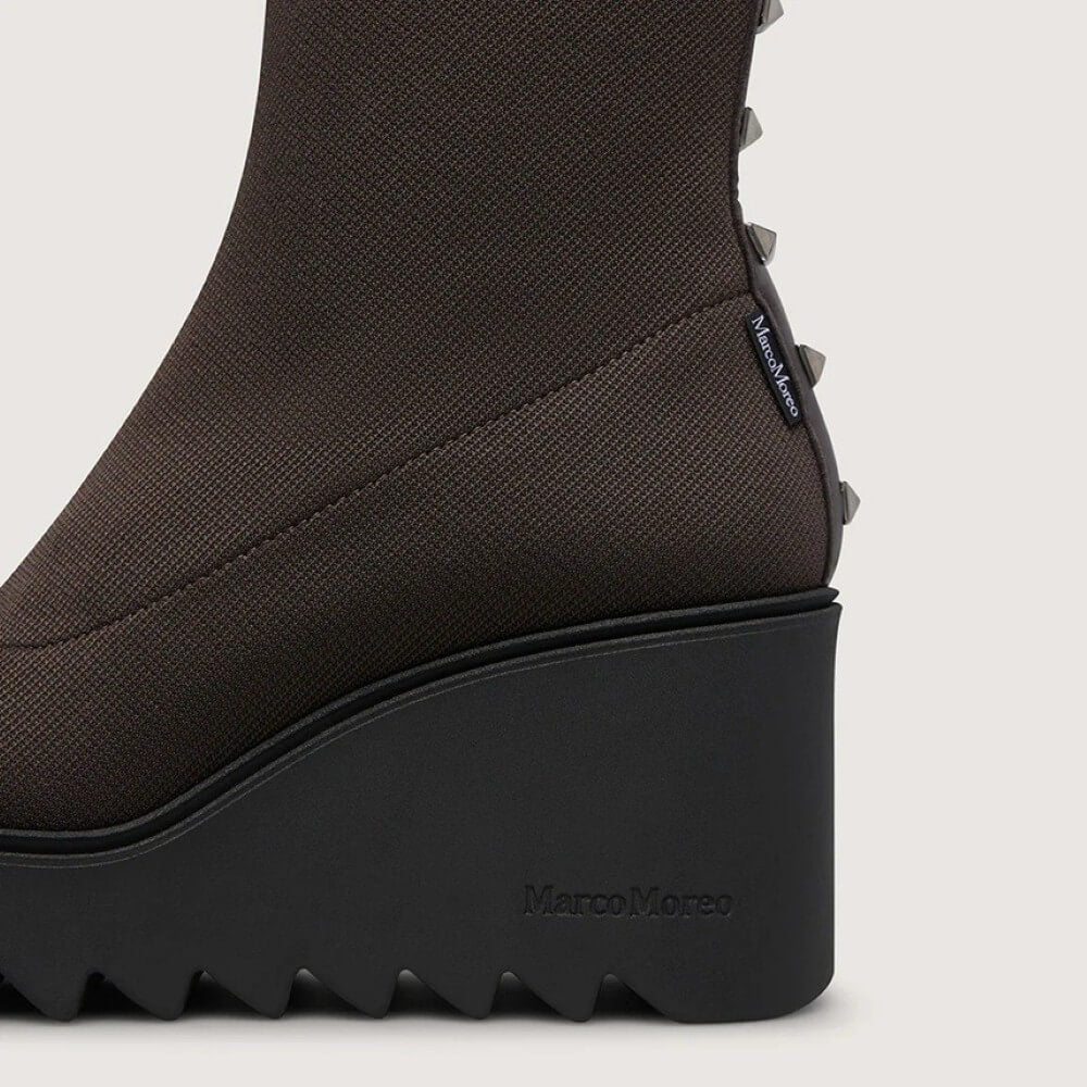 Marco Moreo Liege Petra Brown Knee-High Stretch Wedge Boots – Modern Platform Boots with Stud Details