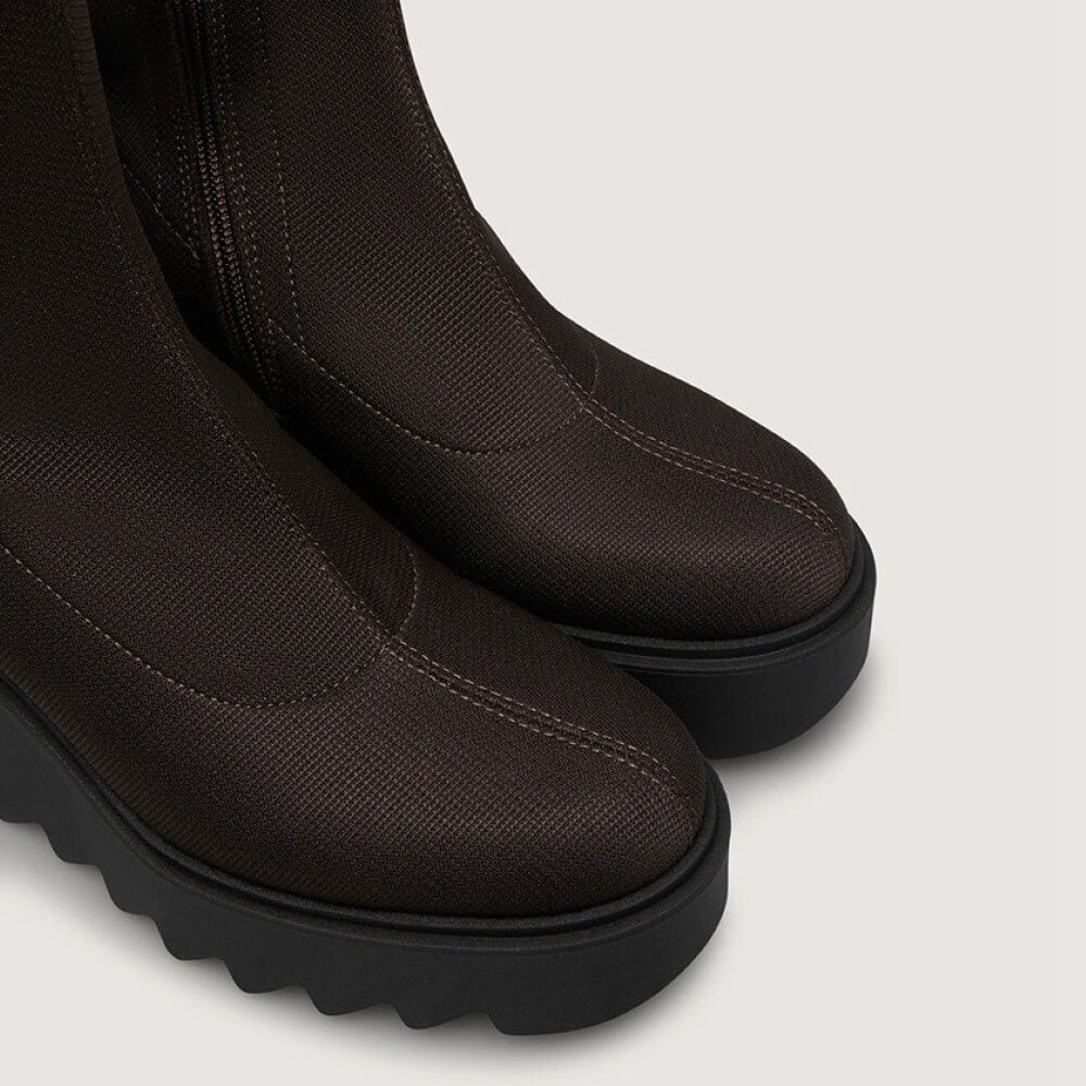 Marco Moreo Liege Petra Brown Knee-High Stretch Wedge Boots – Modern Platform Boots with Stud Details