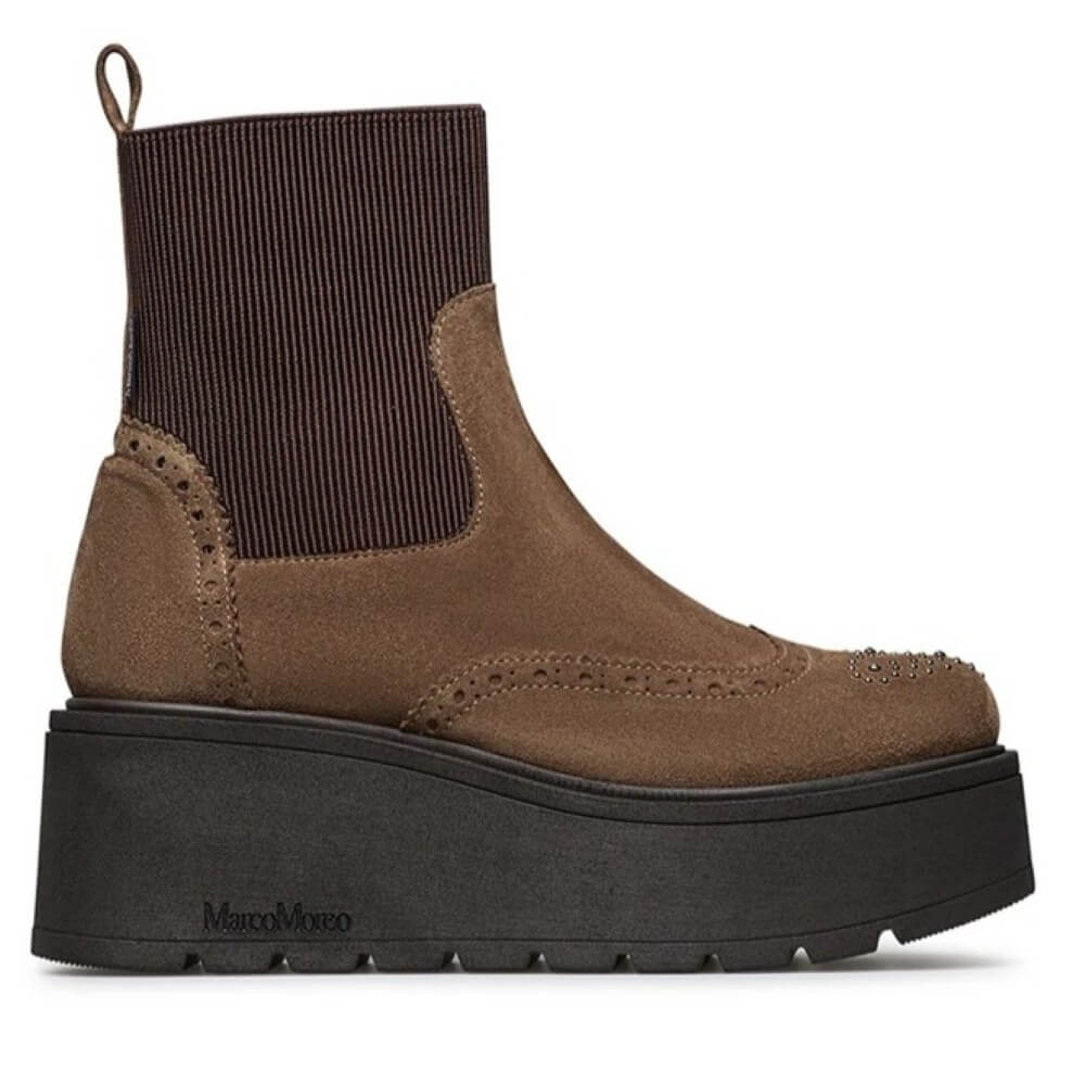 Brown suede Marco Moreo  platform boot with black sole on a white background