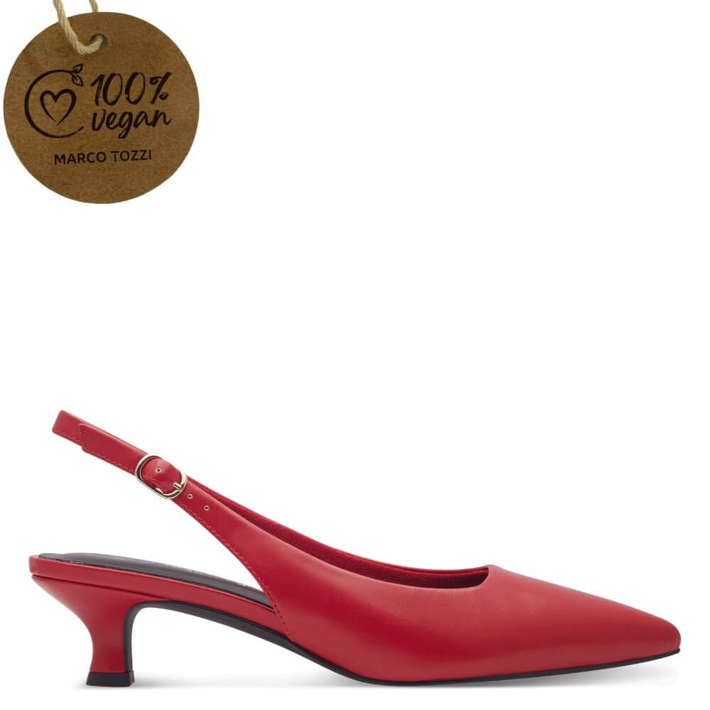 Red high-heeled shoe with a '100% Vegan' tag on a white background