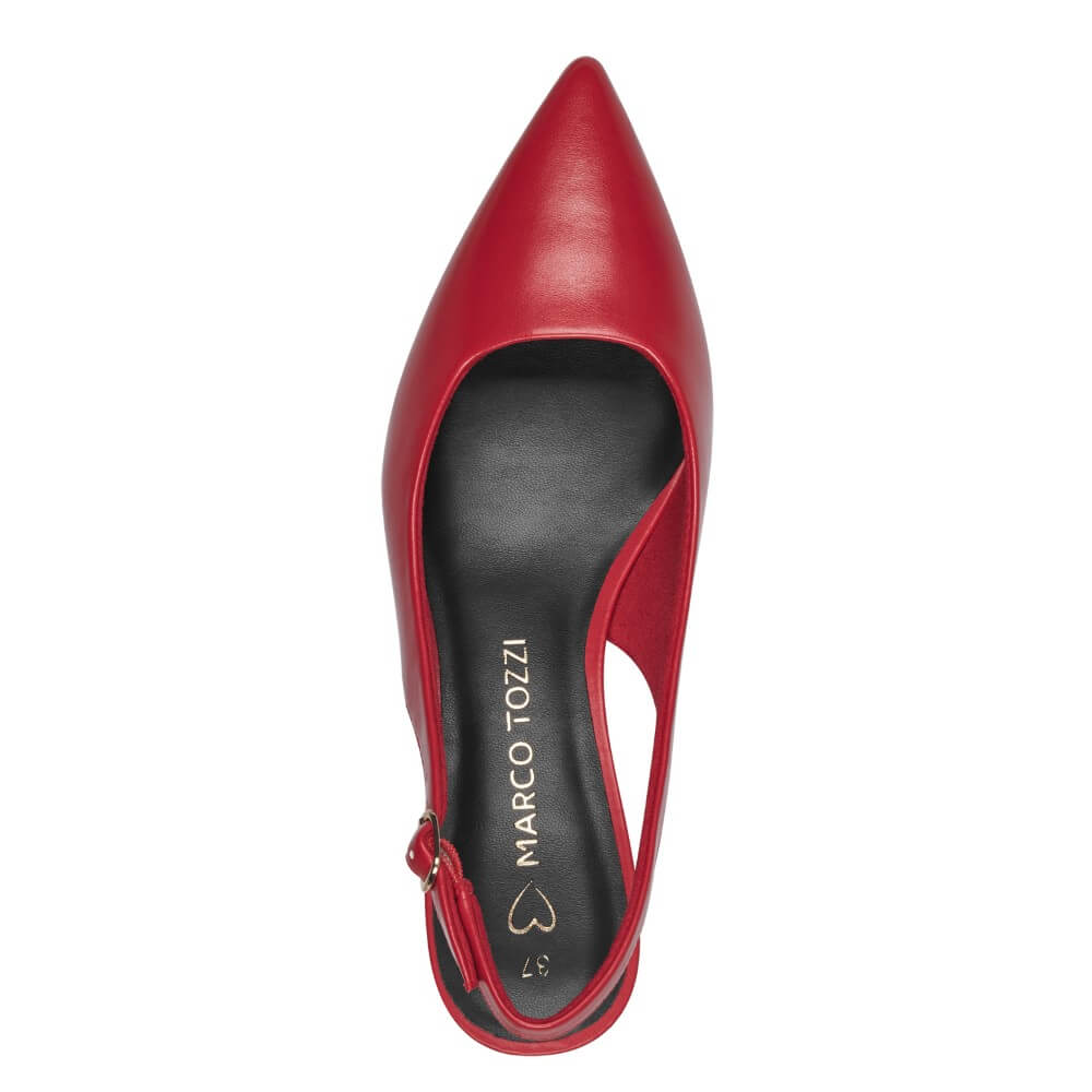 Red high-heeled shoe with 'Marco Tozzi' branding on a white background