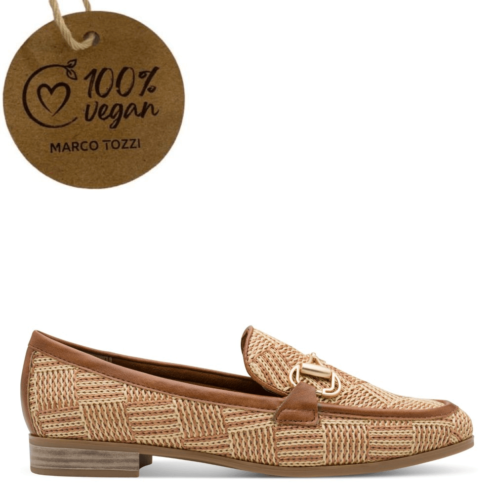 Brown woven loafer with gold buckle on a white background vegan