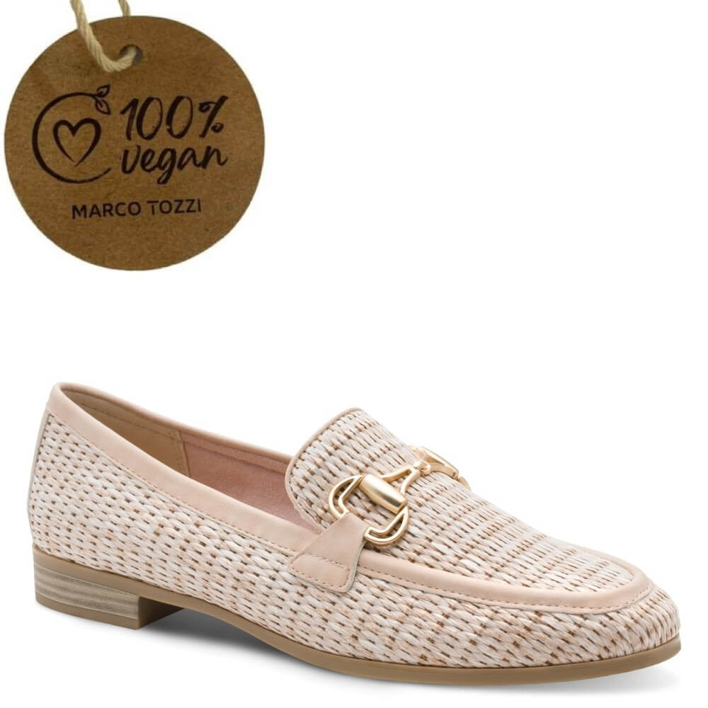Beige woven loafer with gold buckle and '100% Vegan' label on a white background