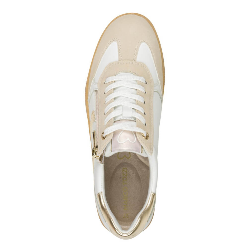Beige sneaker with white laces on a white background